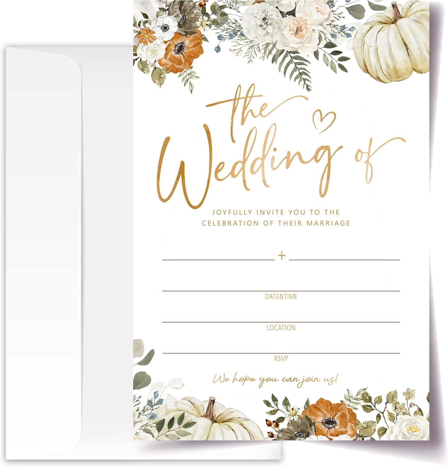 Wedding Invitation Cards with Envelopes Pack of 20 (4"x6") - Autumn Themed Pumpkin Floral Invitations for Wedding.(154)