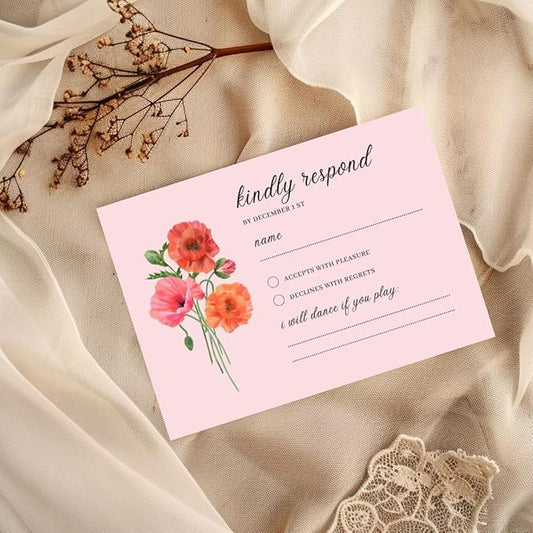 Personalized Wedding RSVP Cards On Glossy Thick Card With Envelope, Personalized Reponse, 5 x 3.5 Inches, Set of 15 Custom Cards with White Envelopes (Pink)