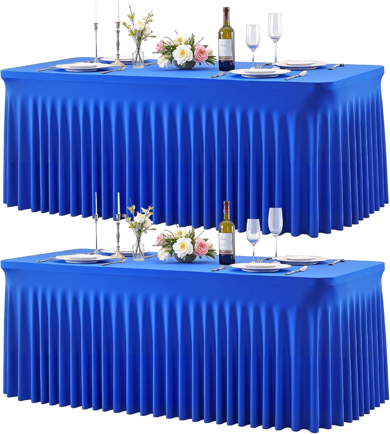 2 Pack 8ft Royal Blue Spandex Table Cloths for Rectangle Tables Wrinkle Free Rectangle Tablecloths, Stretch Fitted Table Cover with Skirt for Birthday Party Wedding Banquet Baby Shower Buffet Event