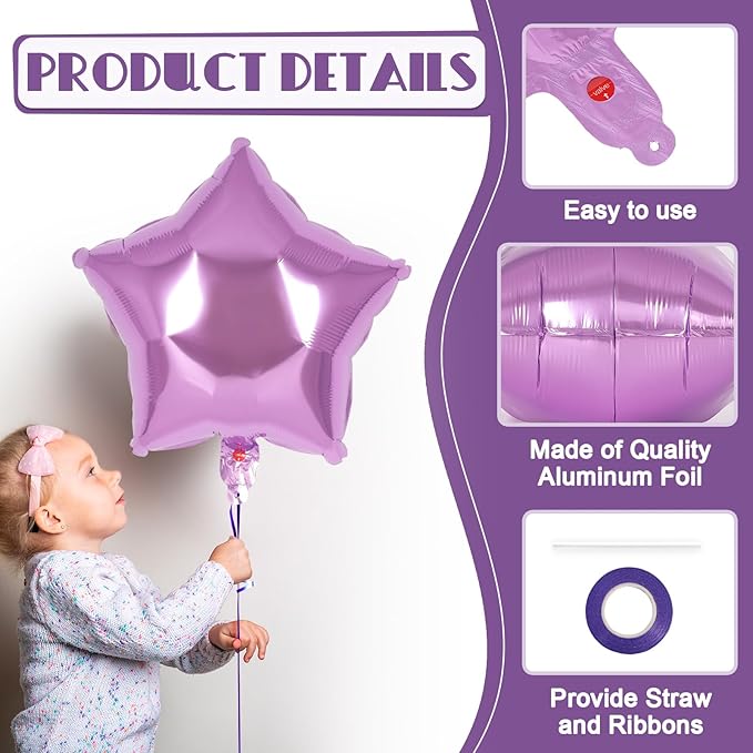 20 Pcs Star Balloons,18 Inch Purple Star Foil Balloons,Stars Shaped Balloon Mylar Helium Balloon for Birthday Party Anniversary Wedding Baby Shower Decorations (Lipurple)