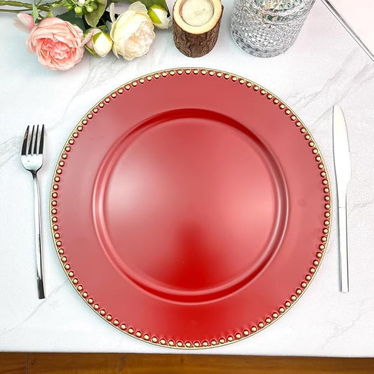 Red Charger Plates with Beaded Rim, 13" Round Charger for Dinner Plates, Set of 6 Plastic Plate Chargers for Wedding, Thanksgivng, Christmas.