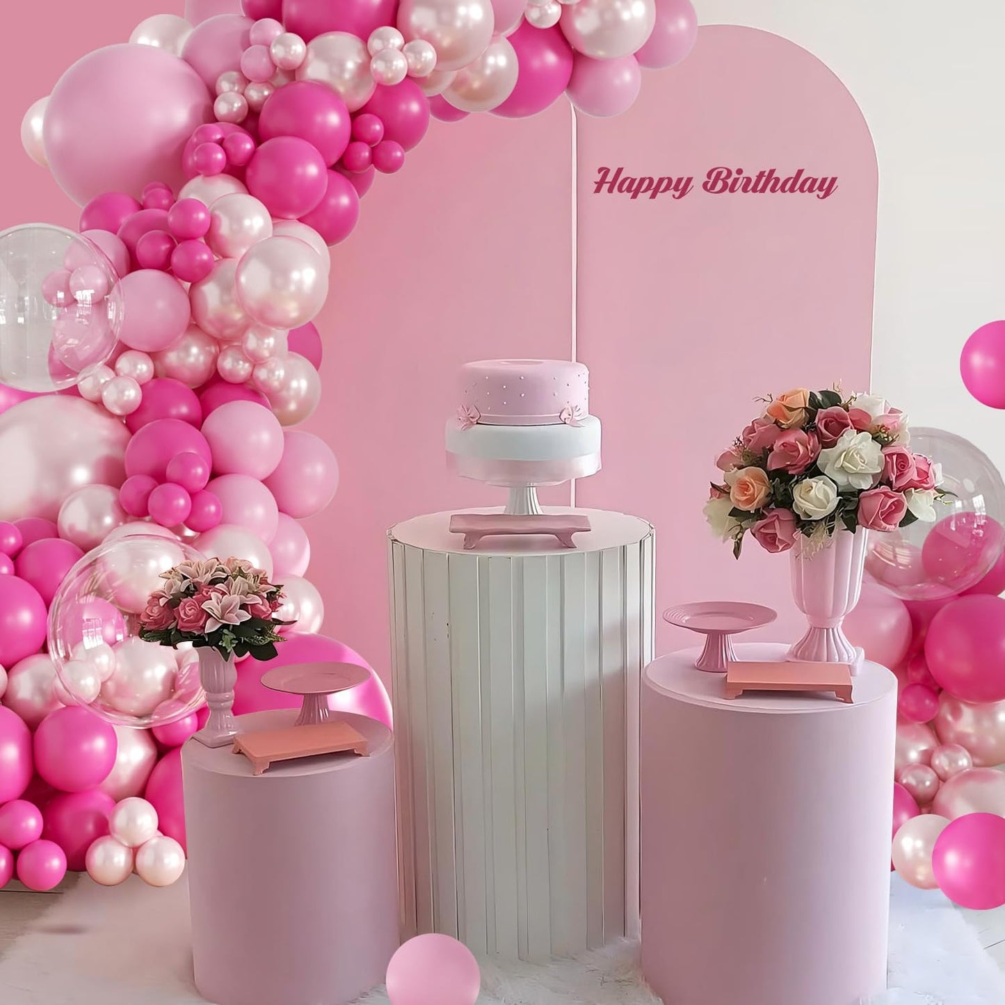Hot Pink Balloon Arch Kit 101Pcs Double Stuffed Pearl Pink Light Pink Clear Balloon Different Size for Princess Wedding Birthday Baby Shower Bachelorette Party Decorations