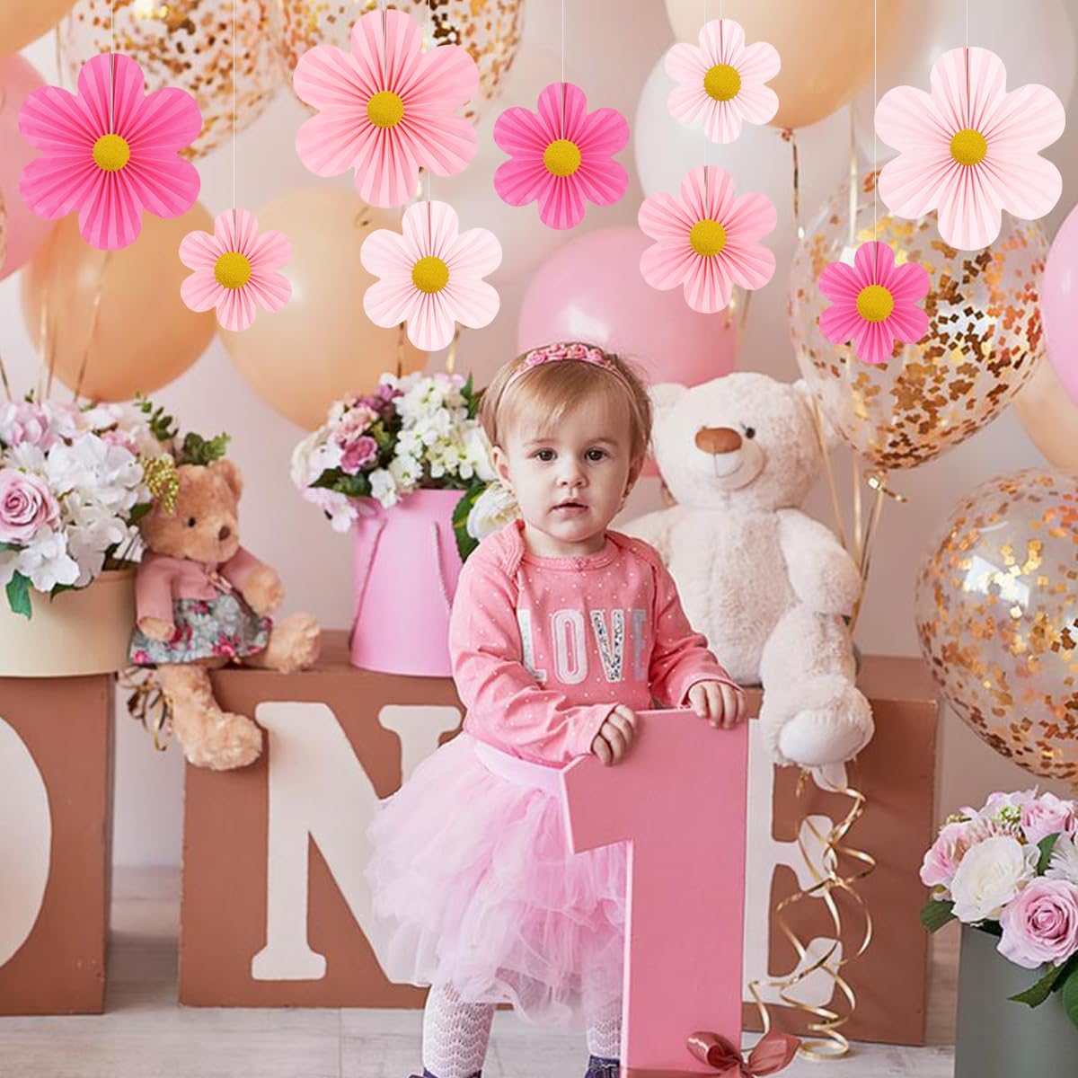 Pink Party Decorations Paper Flowers Decorations for Wall Classroom Paper Fans Floral Backdrop Flower Wall Decor Pack of 9 Pink