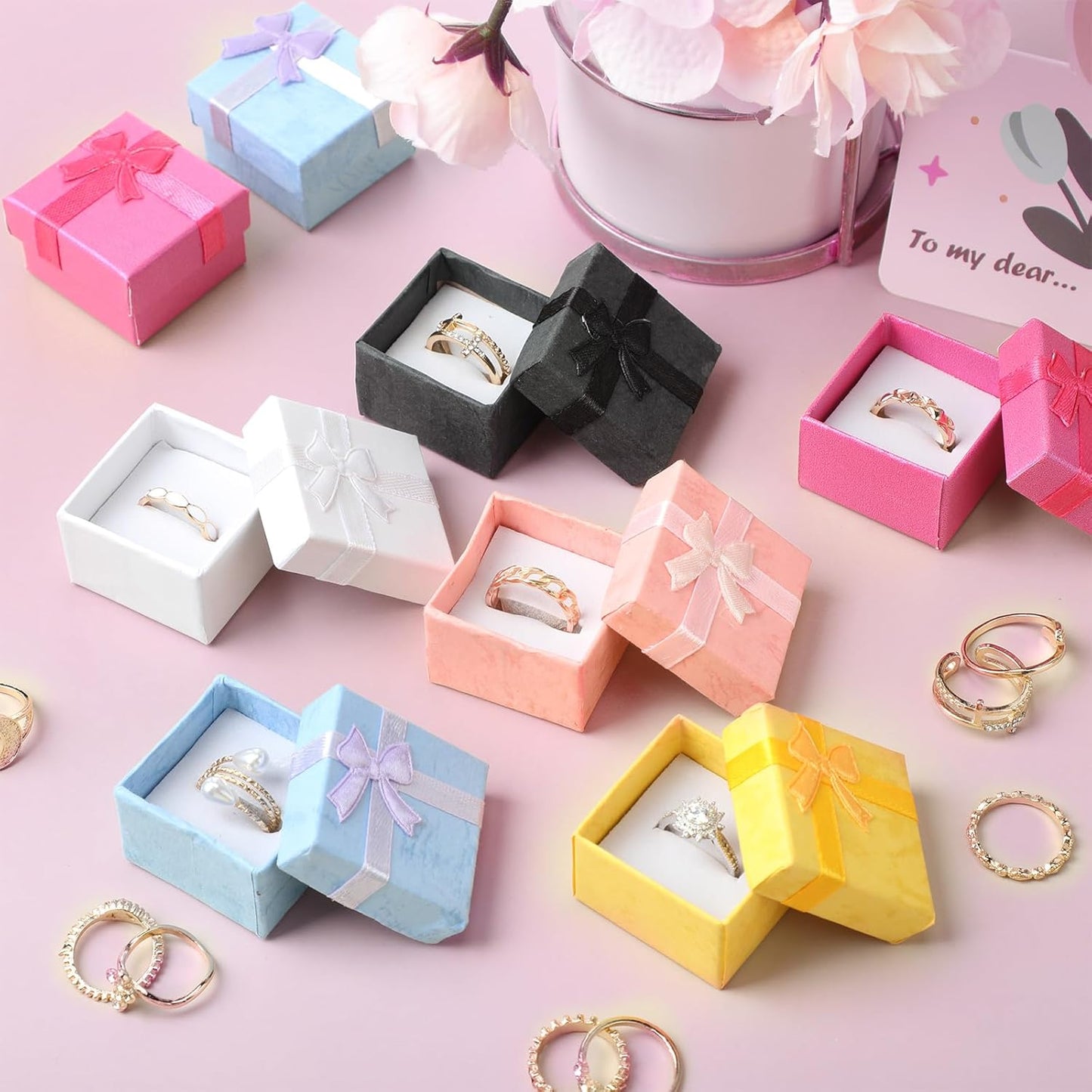 72 Pcs Ring Boxes 1.6 x 1.6 In Hard Cardboard Jewelry Box with Ribbon Bow Small Jewelry Gift Cases for Small Business(Bright Color)