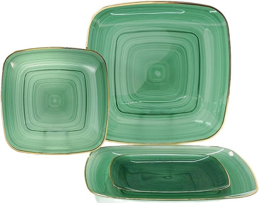 OCCASIONS 50 Green Disposable Plates (25 Guests) - Heavy Duty Square Plastic Dinnerware Set for Wedding Party, 25x10" Dinner + 25x7" Salad Dessert - Belize Square in Green & Gold