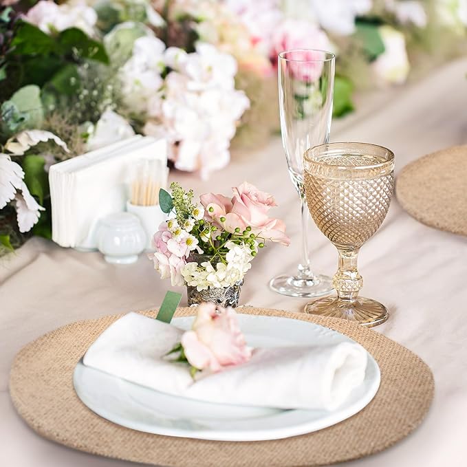 Yunlly Set of 48 Round Burlap Placemats Bulk Burlap Farmhouse Placemats Set Heat Resistant Table Mats Circle Jute Charger Place Mats for Wedding Holiday Dinner Rustic Table Decorations(15 in,Brown)