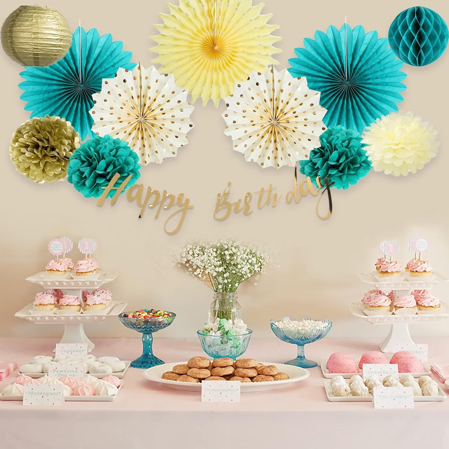 SUNBEAUTY Teal & Gold Party Decorations - Paper Fans, Tissue Pom Poms, Happy Birthday Banner for Baby Showers & Women's 30th/40th Birthdays