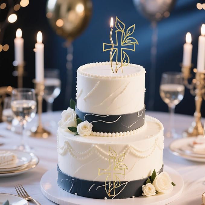 3 Pcs Baptism Cake Topper Personalized God Bless Cake Topper with Cross Glitter for Party Decoration Supplies(Gold)