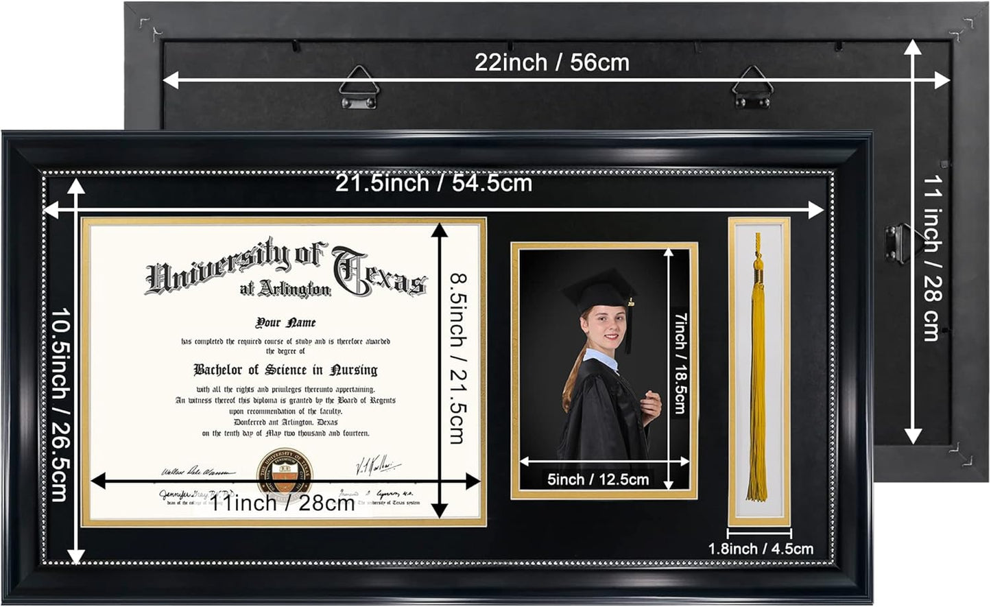 GraduationMall 11x22 Black Diploma Frame with Tassel Holder and Picture for 8.5x11 Certificate 5x7 Photo,Real Glass,Black over Gold Mat