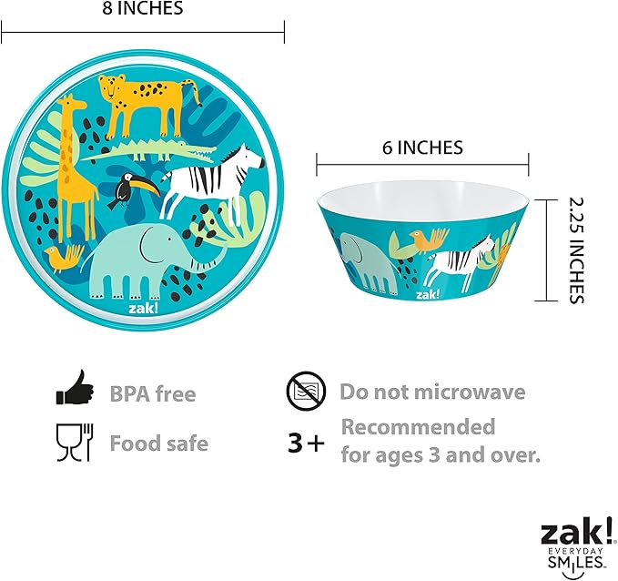 Zak Designs 5-Piece Dinnerware Set, Safari - Durable Plastic & Stainless Steel - Includes Water Bottle, 8-Inch Plate, 6-Inch Bowl, Fork & Spoon - Suitable for Kids Ages 3+