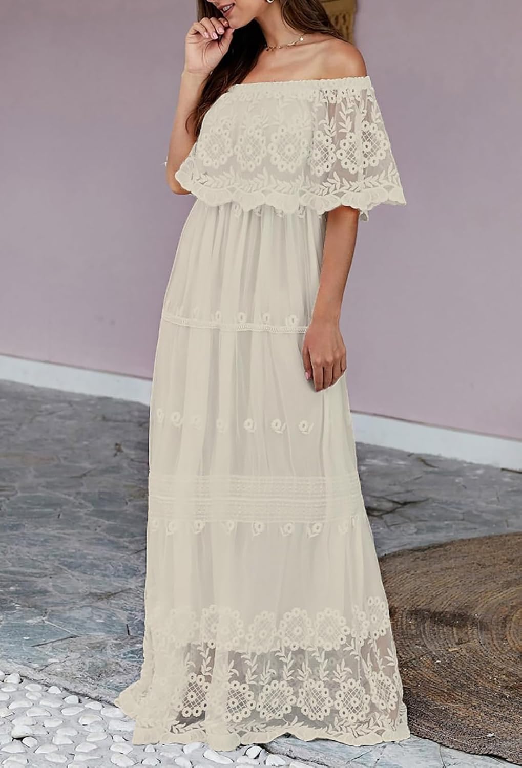 HOYISHION Women's Off The Shoulder Floral Lace Maxi Dress White Bridesmaid Wedding Party Maternity Photoshoot Long Dresses