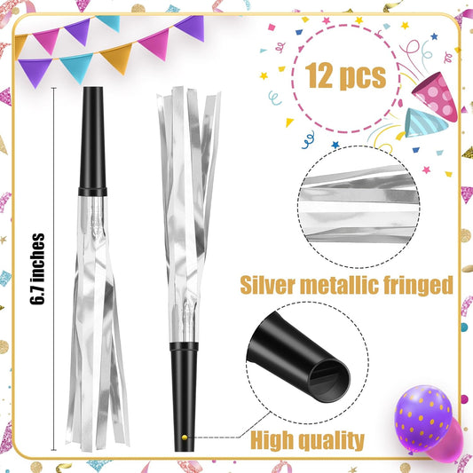 12 Pcs Glitter Noise Makers Metallic Fringed Party Blower for Adults Birthday Graduation New Years Party Favors Supplies (Silver)