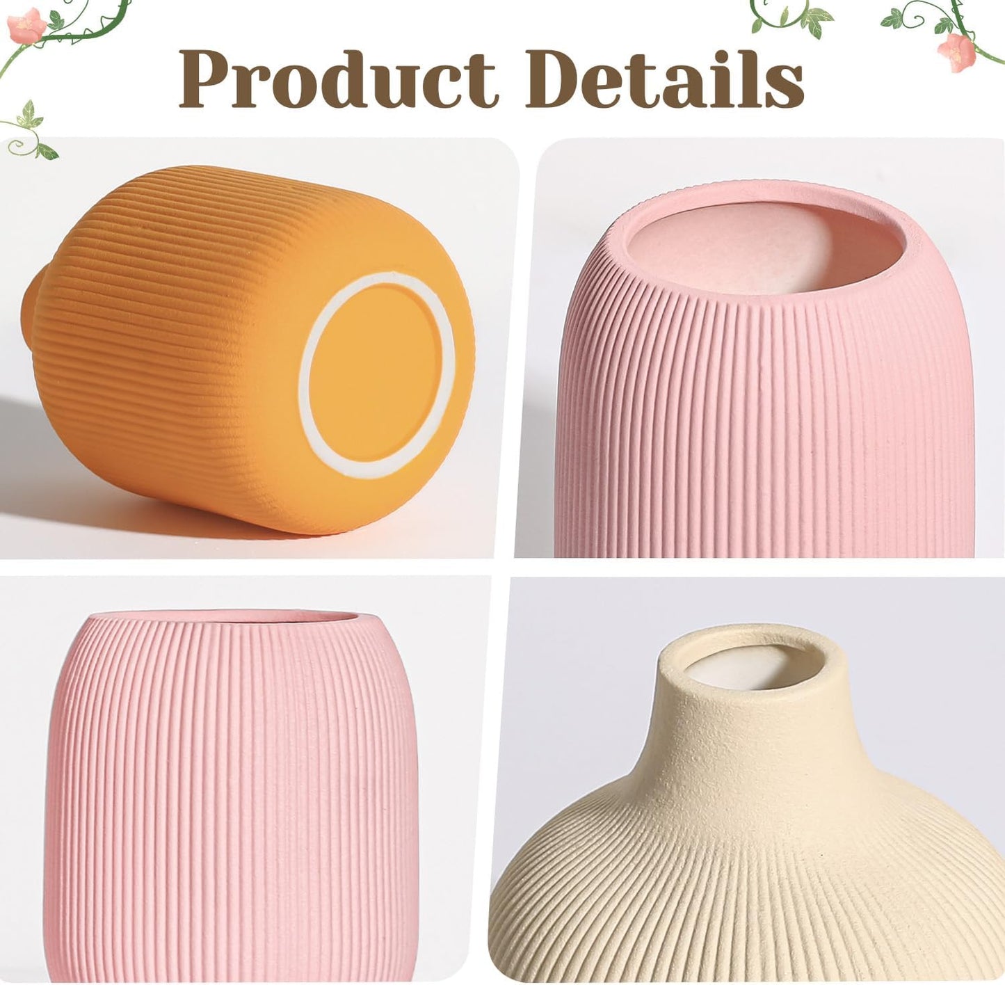 Boho Vase Set of 3, Modern Colorful Ceramic Vases with Ribbed Texture, Minimalist Home Decor for Centerpiece, Shelf & Tabletop - Boho Chic Touch for Neutral & Transitional Spaces