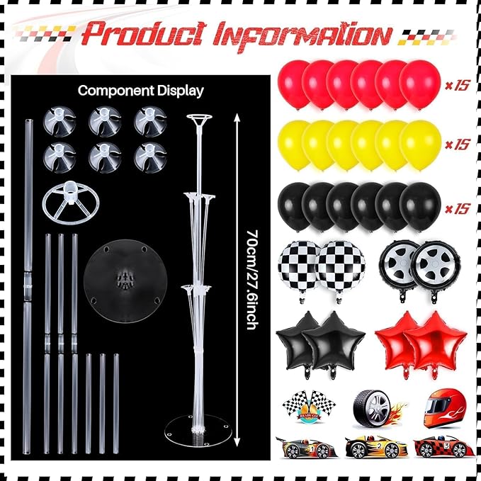 6 Sets Race Car Party Balloons Stand Kit Racing Car Table Centerpieces Decor Red Black Yellow Balloon Race Car Birthday Party For Boys Let's go Birthday Racing Sports Themed Decorations