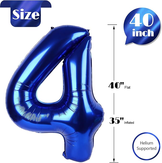 Night Blue 4 Balloon, Number Balloons 40 Inch, 4th Birthday Decorations for Girls Four Large Numbers for Party Decor, Number 4 Balloon
