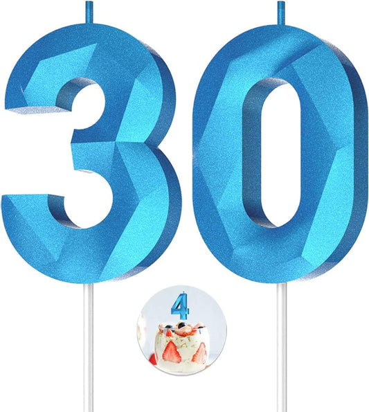 Number Birthday Candles(30 Candle Blue) 3D Diamond Shape Number Happy Birthday Cake Candles for Birthday Party Wedding Decoration Reunions Theme Party