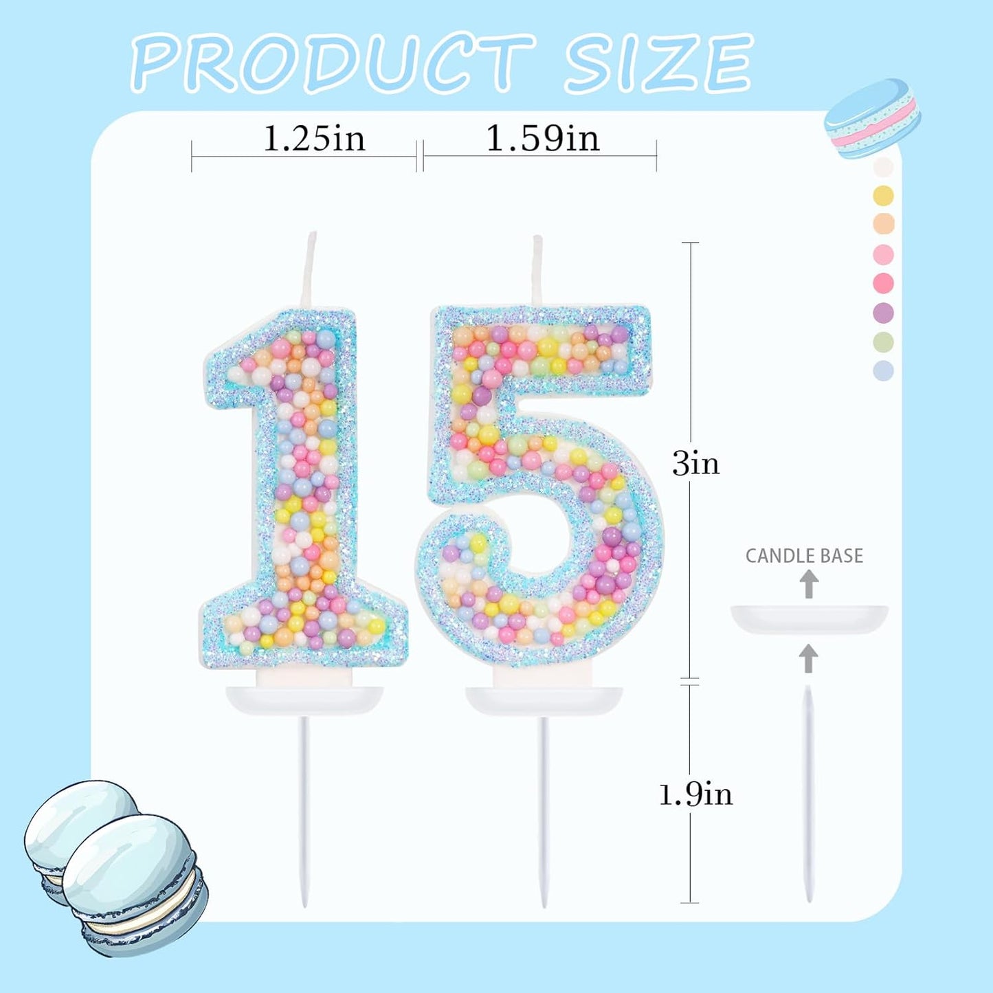 Blue Birthday Candles - Number 15 Candle, Colorful Macaron Candles, 15 Birthday Decorations for Girls Boys, Cake Decorations, Theme Party Supplies (Blue)
