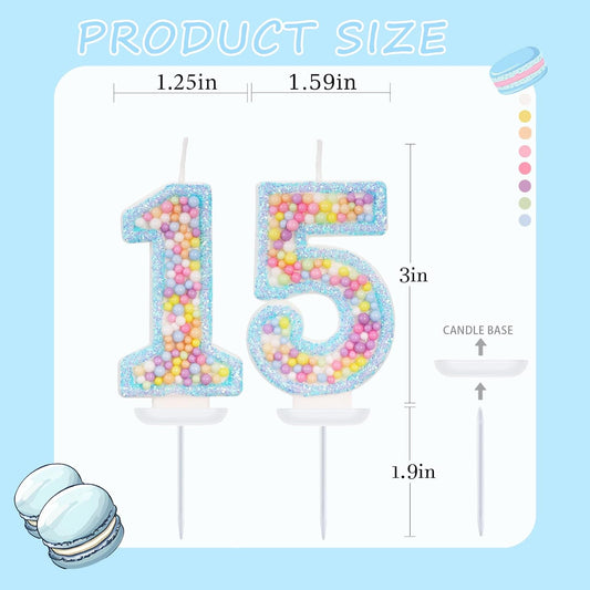 Blue Birthday Candles - Number 15 Candle, Colorful Macaron Candles, 15 Birthday Decorations for Girls Boys, Cake Decorations, Theme Party Supplies (Blue)