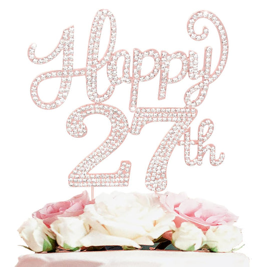 LASKYER Happy 27th Birthday Rose Gold Rhinestone Cake Topper - 27th Birthday/Anniversary,Cheers to 27 Years Old Bday Party Metal Sparkly Centerpieces Decorations.