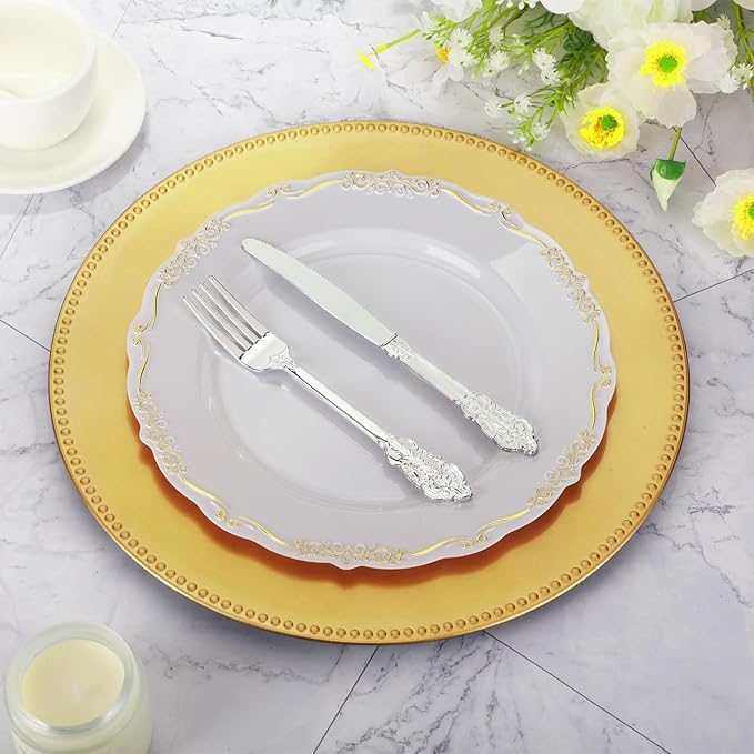 Jinei 36 Pack Gold Charger Plates 13 Inch Plastic Beaded Round Charger Plates Wedding Table Decoration Reusable Dinner Plate Tray for Birthday Party Holiday Event