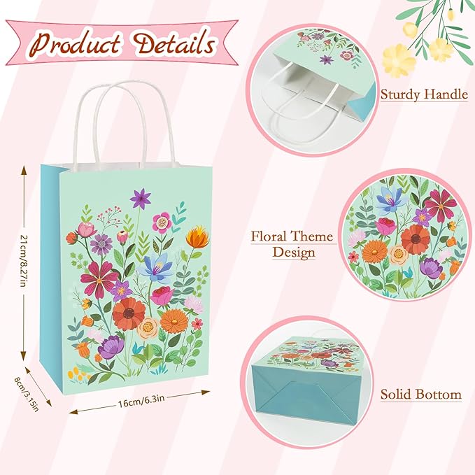 Konsait 16 Pack Floral Gift Bags, Pink and Blue Wildflower Goodie Bags with Handle, Paper Flower Bag for Birthday Anniversary Mothers Day Gathering Greeting and More