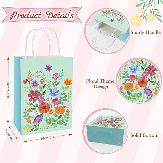 Konsait 16 Pack Floral Gift Bags, Pink and Blue Wildflower Goodie Bags with Handle, Paper Flower Bag for Birthday Anniversary Mothers Day Gathering Greeting and More