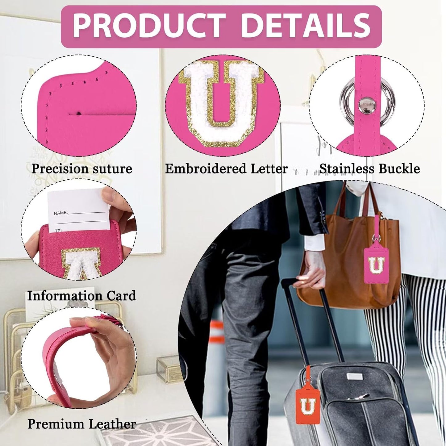 Personalized Initial Luggage Tags for Suitcases, Leather Chenille Letter Cute Luggage Tags with Privacy Name Card, Embroidered Travel Bag Backpack Tags Gifts for Women Kids Girls Teens(Rosered-U)