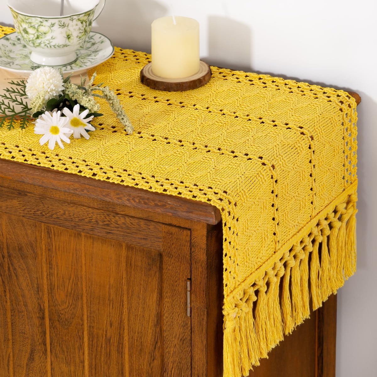 Socomi Boho Table Runner Fall Thanksgiving Farmhouse Rustic Dining Kitchen Centerpiece Decor Small Macrame Woven Cotton Linen Coffee Table Runner for Dresser Scarf Home Decor 12x48 in Yellow Gold