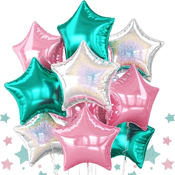 Pink and Teal Blue Star Foil Balloons, 10PCS Laser Silver Foil Stars Shape Balloon, 18 Inch Metallic Turquoise Stars Balloons Helium for Girls Women Birthday, Mermaid, Baby Shower Party Decoration