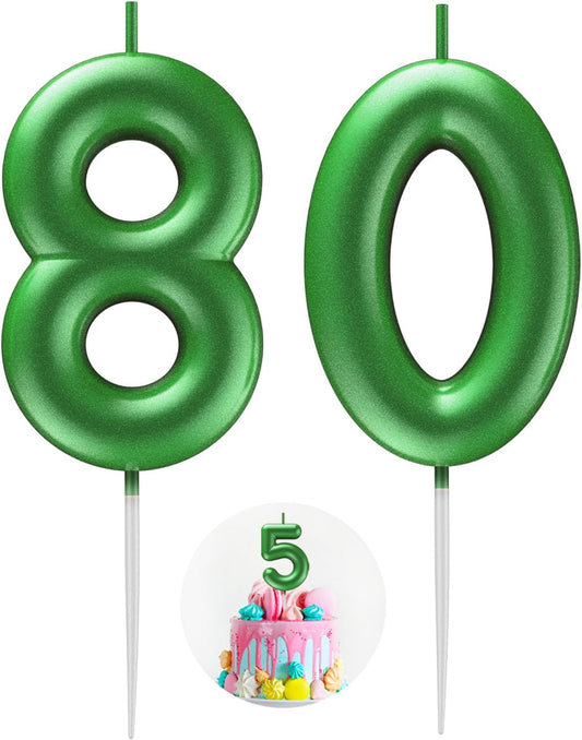 Green Number 80 Candle Happy Birthday 3D Number Candles for Birthday Cake Party Decoration Wedding Anniversary Celebration Supplies