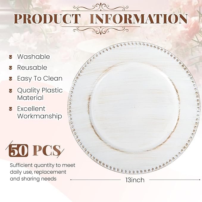 50 Pcs Vintage Bulk Plates, 13" Round White Decorative Plastic Table Chargers for Wedding, Holiday, Baby Shower