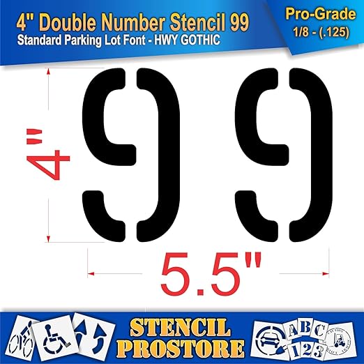 Pavement, Curb, and WheelStop Stencils - 4 inch Double Number Stencil - (99) - 4" x 5.5" x 1/8" (128 mil) - Pro-Grade