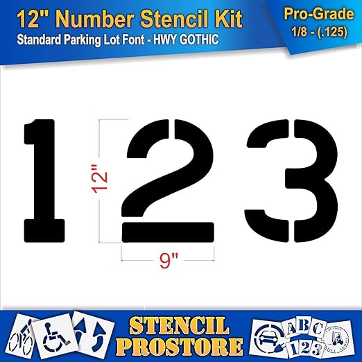 Pavement Stencils - 12 inch Number KIT Stencil Set - (12 Piece) - 12" x 9" x 1/8" (128 mil) - Pro-Grade
