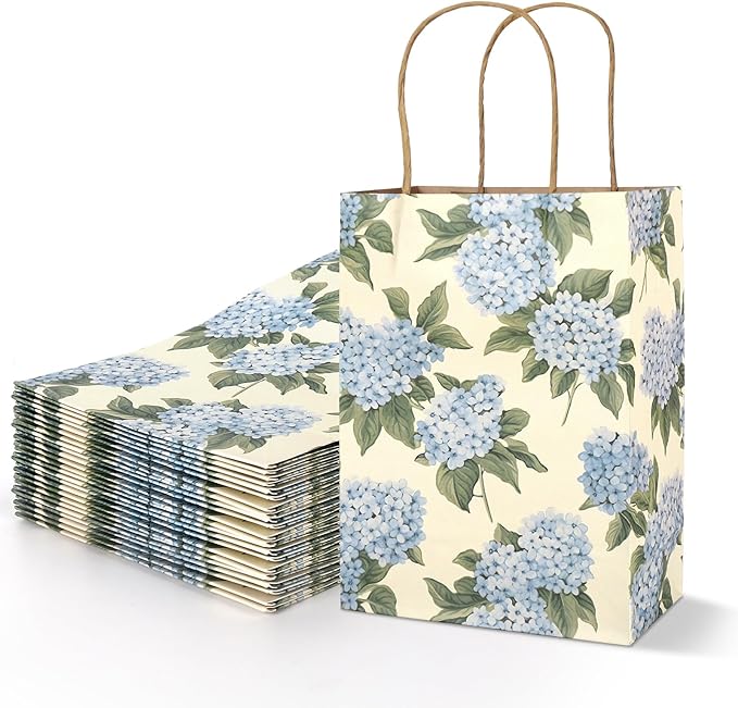 JarThenaAMCS 24Pcs Hydrangea Kraft Paper Bags Blue Floral Treat Gift Bags with Handles Flower Candy Goodie Bag for Spring Birthday Wedding Baby Shower Party Supplies