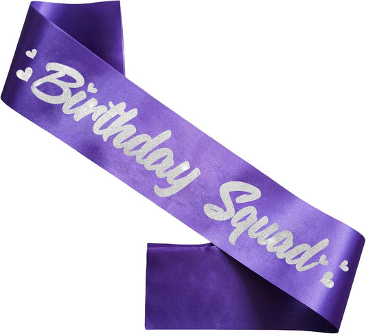 6 Pieces Birthday Squad Sash Set Purple with Silver Glitter Lettering Birthday Sash for Women Funny Party Favors Decorations for Sweet 16 18th 21st 25th 30th 40th 50th or Other Bday