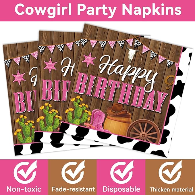 96 Pcs Cowgirl Decorations Party Supplies Western Theme Paper Plates Cow Print Party Plates Western Disposable Plates and Napkins Girl Rodeo Pink Birthday Wild West Tableware Decor for Kids Serves 24