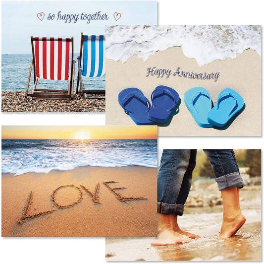 Paradise Anniversary Cards - Set of 8 (4 designs), Large 5" x 7" Wedding Anniversary Cards with White Envelopes