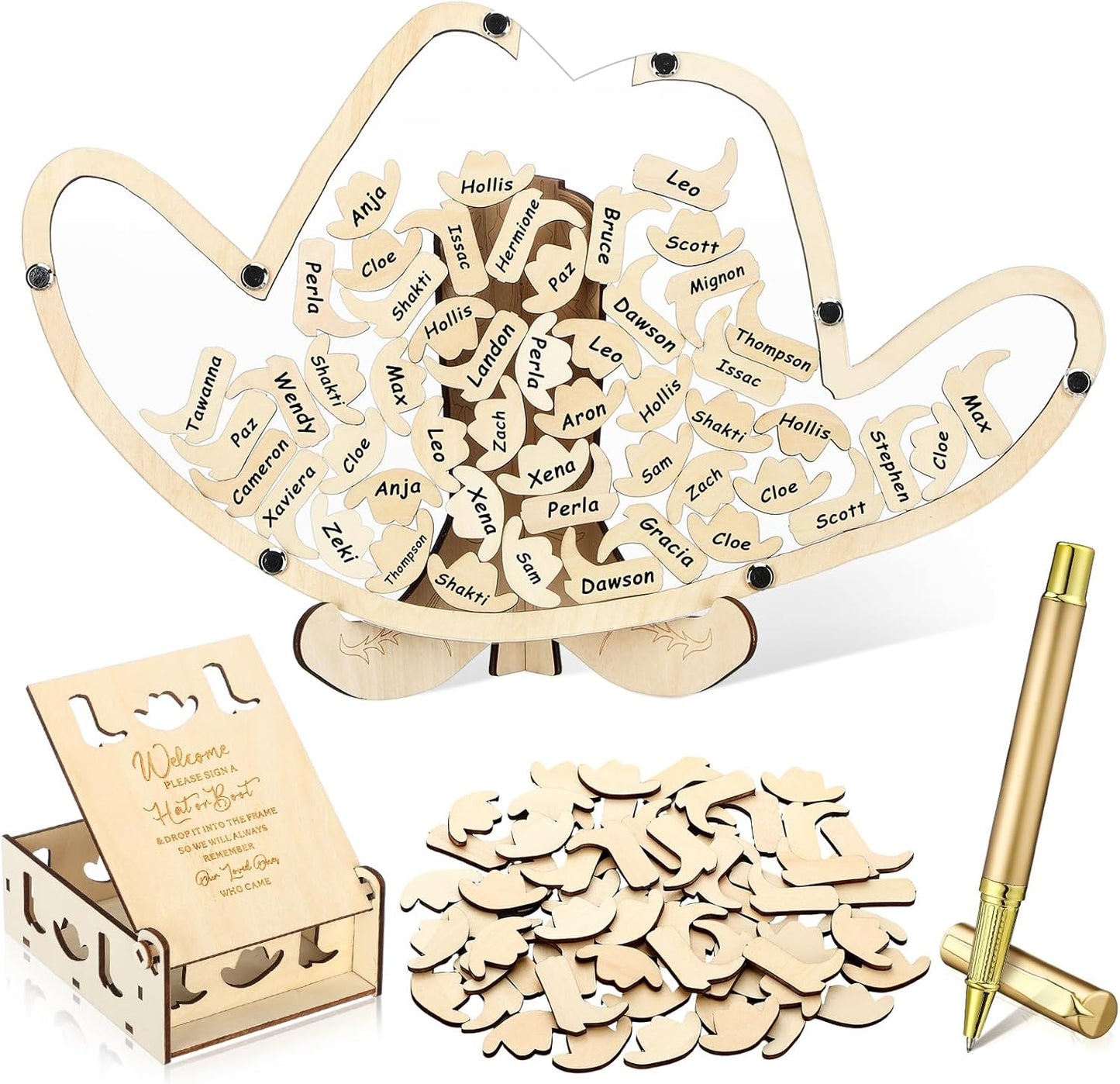 Wenqik 63 Pcs Cowboy Hat Baby Shower Guest Book Alternatives Set Baby Shower Decorations with Photo Frame Sonogram Frame Keepsake 60 Wood Slices Guest Book for Birthday