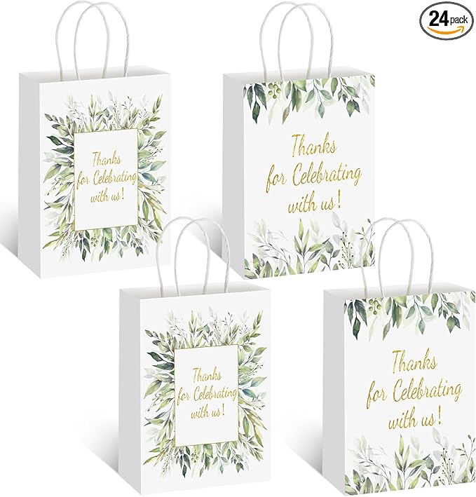 Colarr 24 Pcs Greenery Thank You Gift Bags Bulk 4 Design with Handles Wedding Thank You Baby Shower Favor Paper Bags for Wedding Birthday Favors Graduation Party Gifts 6.3 x 3.1 x 8.7 Inches