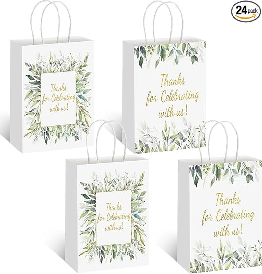 Colarr 24 Pcs Greenery Thank You Gift Bags Bulk 4 Design with Handles Wedding Thank You Baby Shower Favor Paper Bags for Wedding Birthday Favors Graduation Party Gifts 6.3 x 3.1 x 8.7 Inches