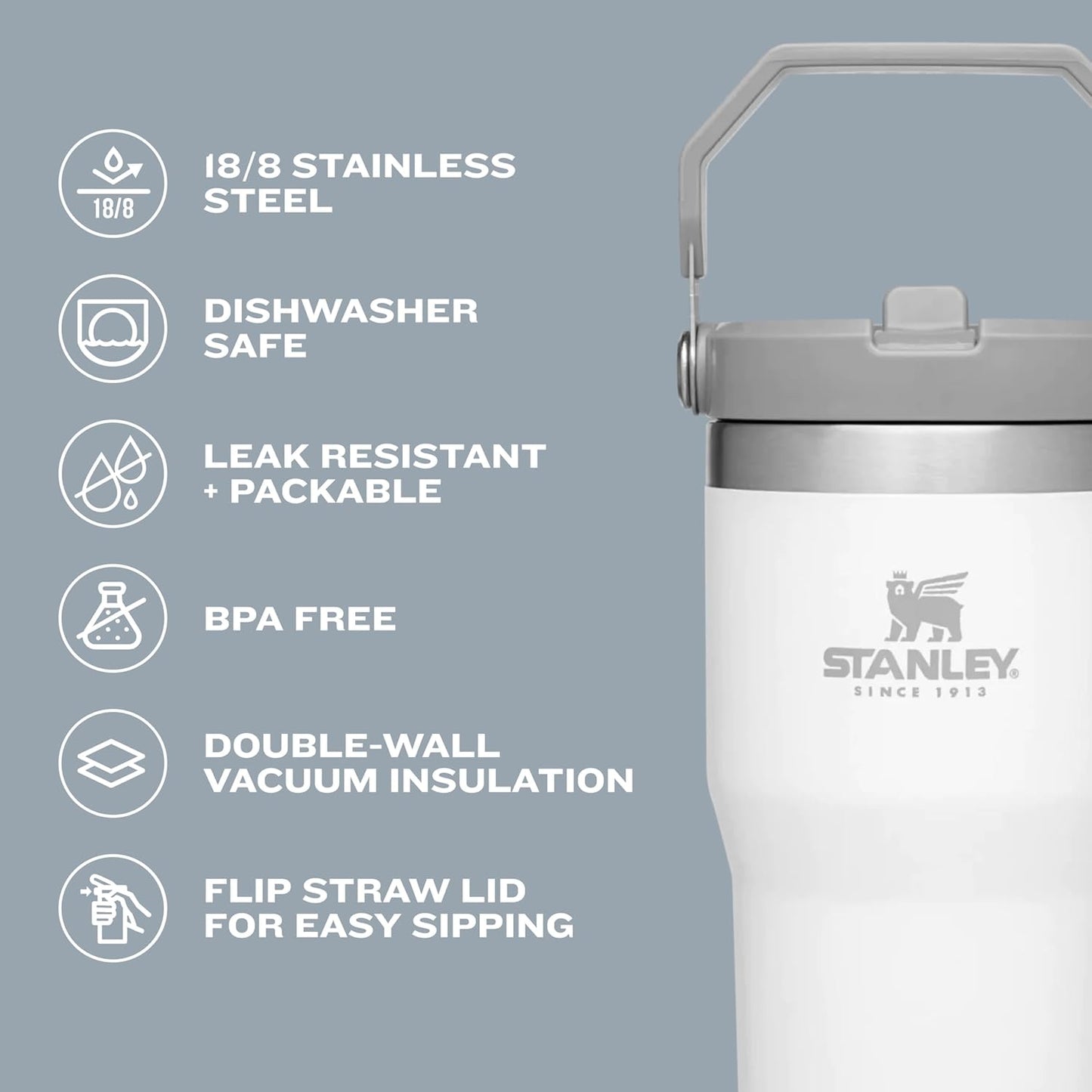 Stanley IceFlow Flip Straw Tumbler with Handle 30 oz | Twist On Lid and Flip Up Straw | Leak Resistant Water Bottle | Insulated Stainless Steel |BPA-Free | Polar