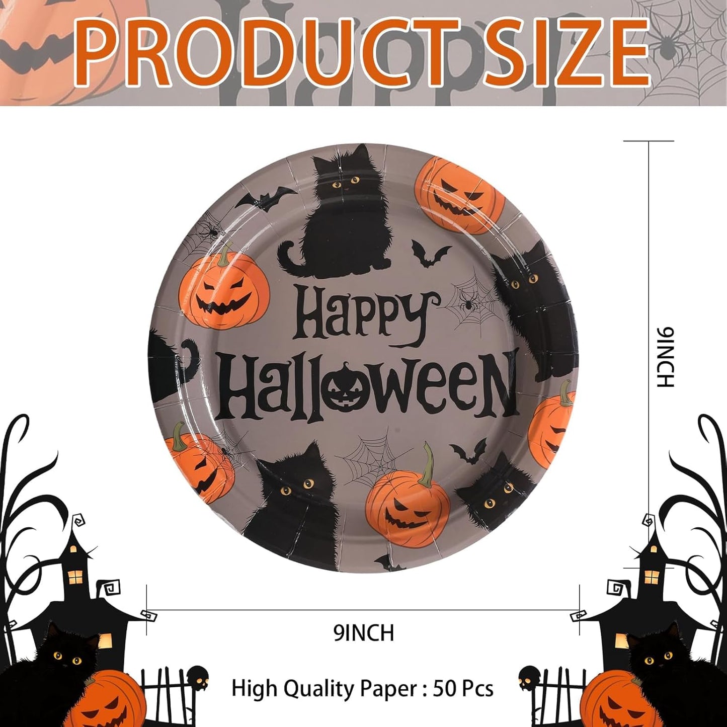 Grencian 50Pcs Halloween Black Cat Plates 9” Disposable Heavy Duty Orange Pumpkin Paper Plates For Halloween Yard Black Cat Party Decorations Supplies