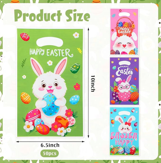 Easter Treat Bags with Handles, 50Pcs Colorful Bunny Treat Bags Bulk, Plastic Goody Candy Cookie Snack Tote Gift Bag for Happy Easter Egg Hunt Activity Spring Holidays Party Favor Supplies Decorations