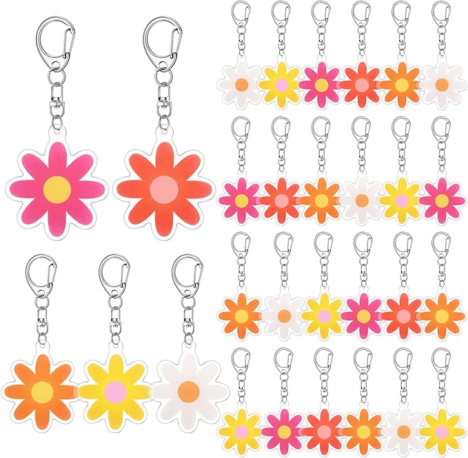Kenning 50 Pcs Flower Keychain Daisy Party Gifts Cute Handbag Key Chain Floral Charm for Mom Mother's Day Handbag Bag Earphone Case Decoration Purse Accessories(Groovy)