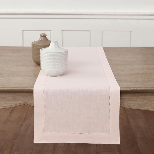 Solino Home Linen Pink Table Runner 48 Inches - Classic Hemstitch, 100% Pure Linen Coffee Table Runner 14 x 48 Inch Ideal for Dresser Tables - Halloween