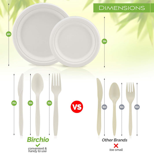 250 Piece Biodegradable Paper Plates Set (EXTRA LONG UTENSILS), Disposable Dinnerware Set, Eco Friendly Compostable Plates & Utensil include Plates, Forks, Knives and Spoons for Party