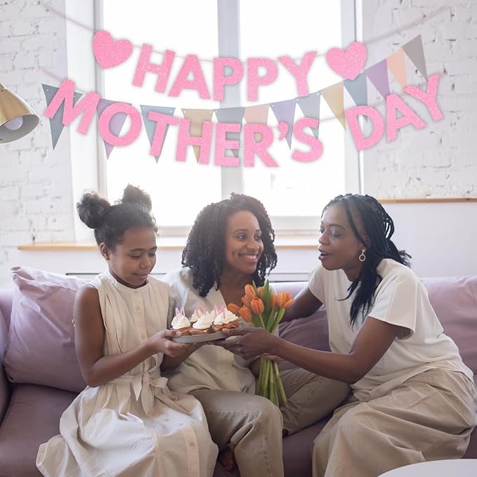 Happy Mother's Day Banner Set Decoration for Mother's Day Party Decorations Backdrop Garland for Mom Mother's Day Glitter Garland Photo Props (Pink Letter)