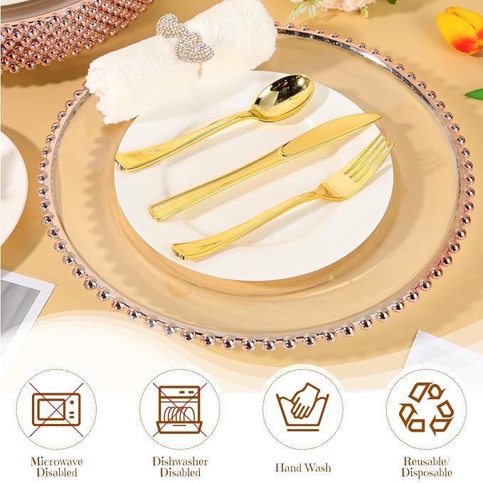 Hoolerry 100 Pcs Charger Clear Plates Bulk 13 Inch Plastic Round Dinner Plate with Beaded Rim Acrylic Round Plate Decorative Charger Service for Home Wedding Xmas Party Events Table Decor (Rose Gold)