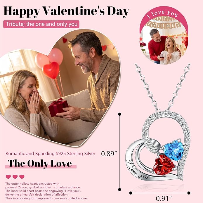 Double Birthstone Heart Necklace 0.8CT Dual-Gemstone S925 Sterling Silver Plated White Gold Engraved I Love You Perfect Anniversary/Valentine's Day Gift for Wife/Girlfriend/Mom/Daughter