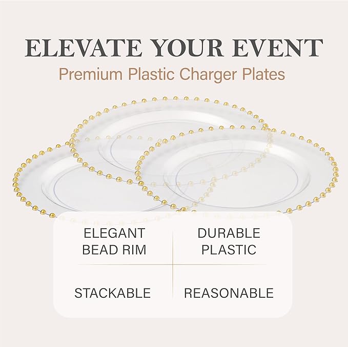 PLASTICPRO Clear with Gold Rim Plastic Charger Plates with Beaded Edge – Pack of 4 – 13" Elegant Round Disposable Chargers for Weddings, Events, Parties, and Dinners